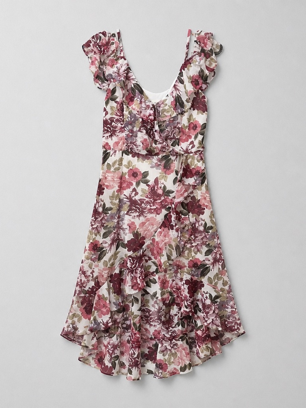 Ruffled Floral Midi Dress in Pink & Burgundy